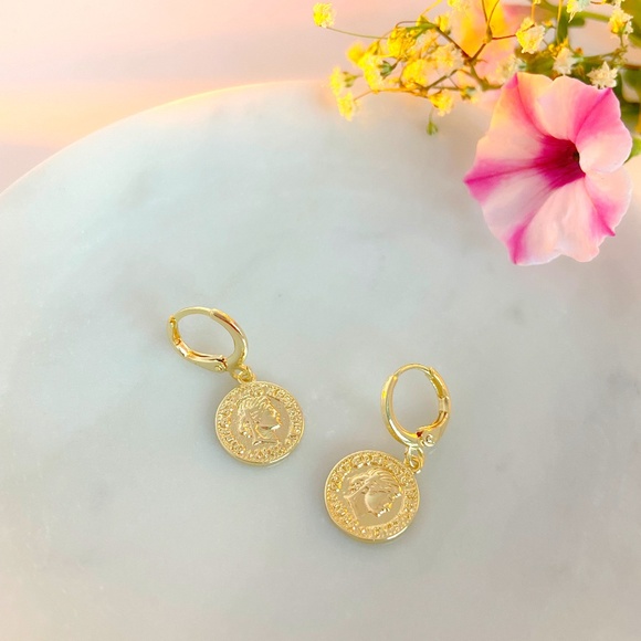 Gold Plated Coin Huggie Earrings - Picture 1 of 2